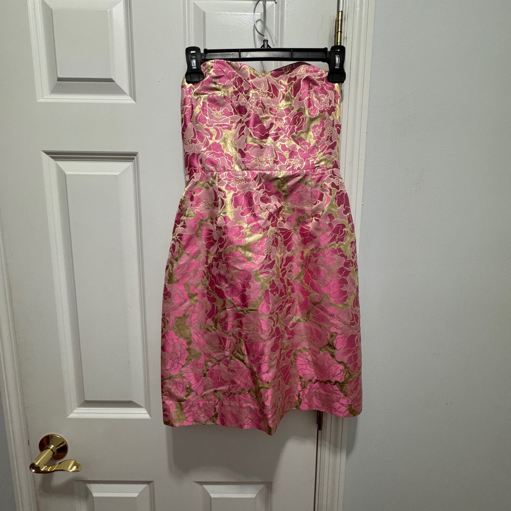 Lilly Pulitzer Pink and Gold Strapless A-line Cocktail party dinner dress 0